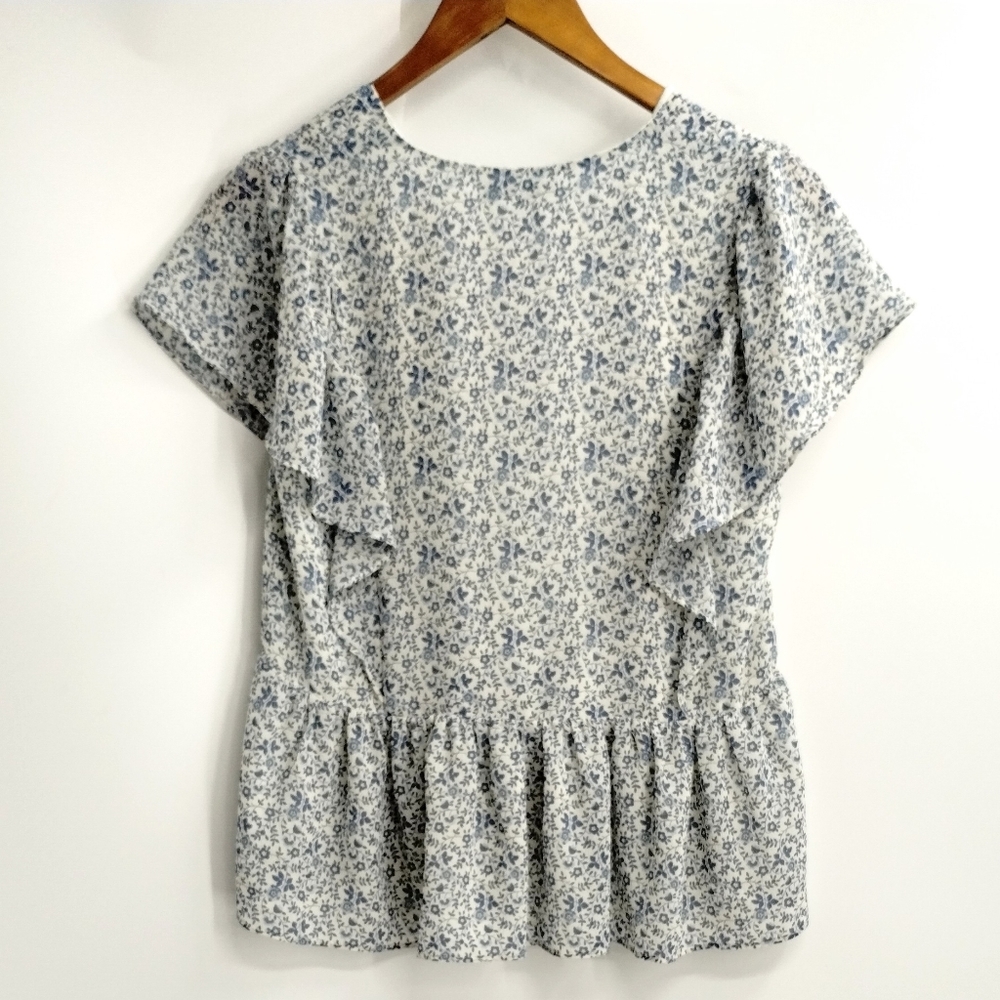 Madewell Top Georgette Ruffle Sleeve‎ Peplum American Floral Blouse - Picture 7 of 10